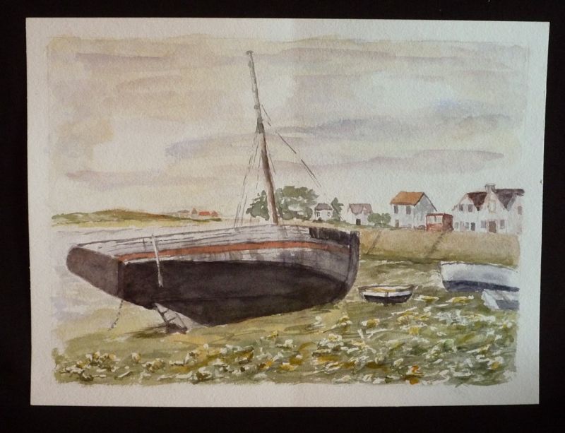 Aquarelle originale de Vaubourg : Le Repos (voilier à marée basse)