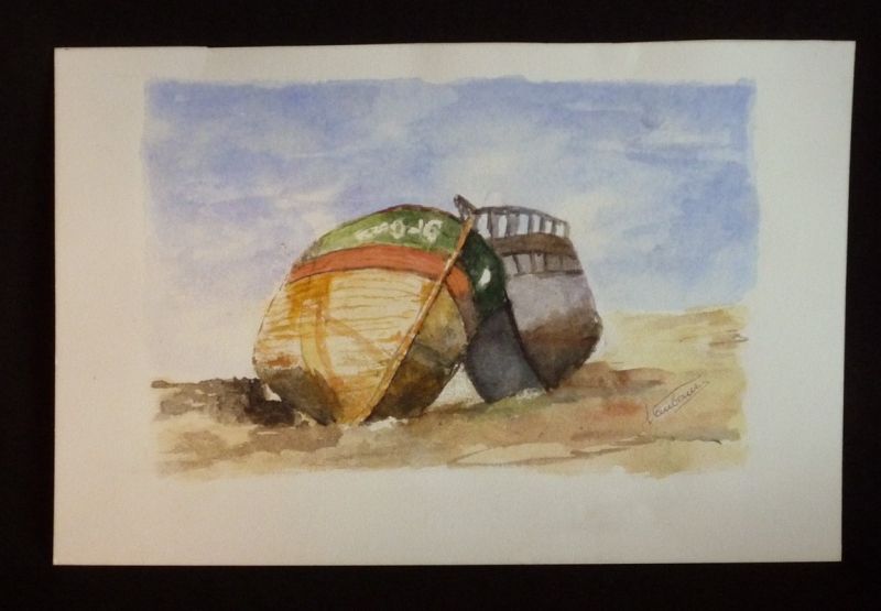 Aquarelle originale de Vaubourg : Bateaux à marée basse