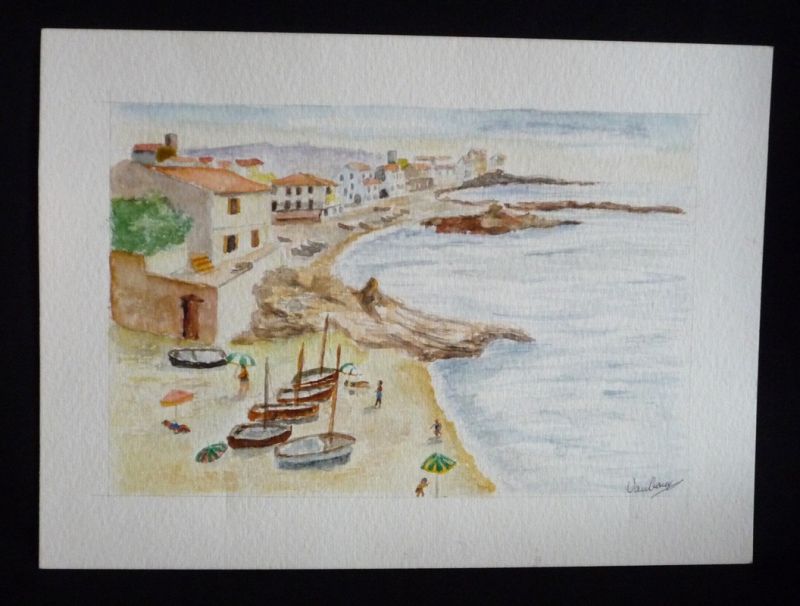 Aquarelle originale de Vaubourg : Ville côtière