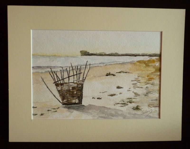 Aquarelle originale de Vaubourg : Abandon (panier sur une plage)