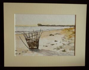 Aquarelle originale de Vaubourg : Abandon (panier sur une plage)