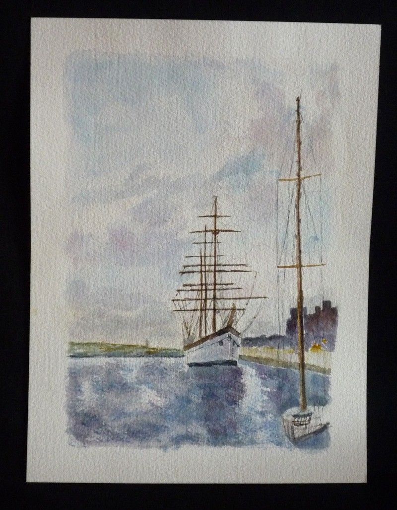 Aquarelle originale de Vaubourg : L'Escale à Saint-Malo (Voiliers)