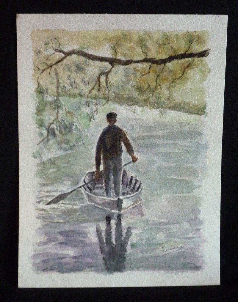 Aquarelle originale de Vaubourg : Promenade dans le marais