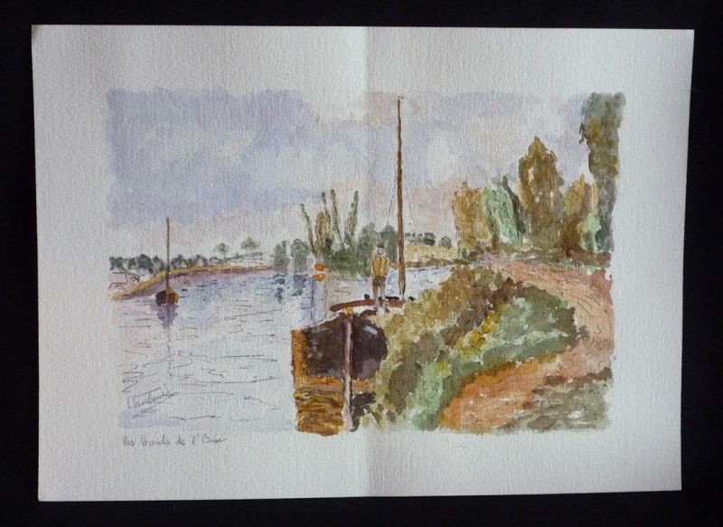 Aquarelle originale de Vaubourg : Les bords de l'Oise