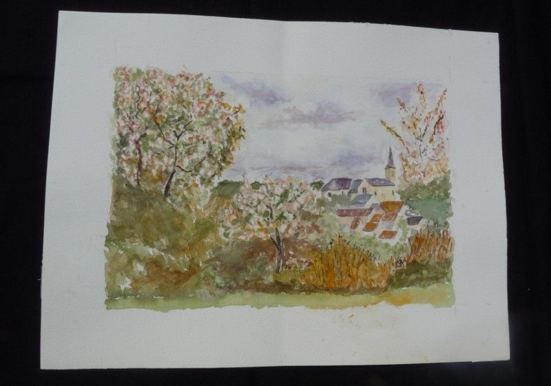 Aquarelle originale de Vaubourg : vue sur village