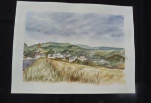 Aquarelle originale de Vaubourg : Un coin d'Auvergne