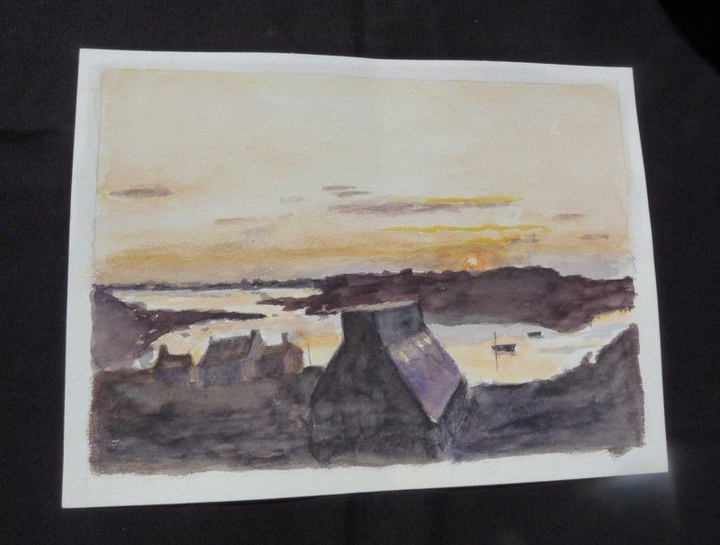 Aquarelle originale de Vaubourg : Les derniers feux du soir
