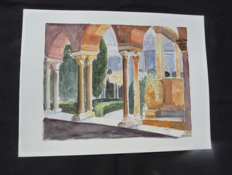 Aquarelle originale de Vaubourg : Le cloître de la Cathédrale de Fréjus