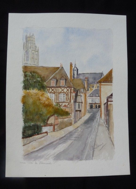 Aquarelle originale de Vaubourg : Une rue de Verneuil