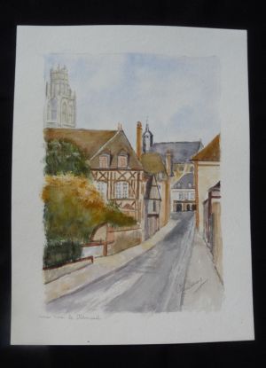 Aquarelle originale de Vaubourg : Une rue de Verneuil