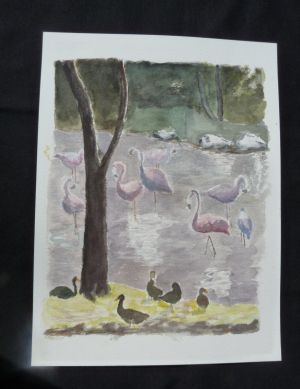 Aquarelle originale de Vaubourg : flamants roses