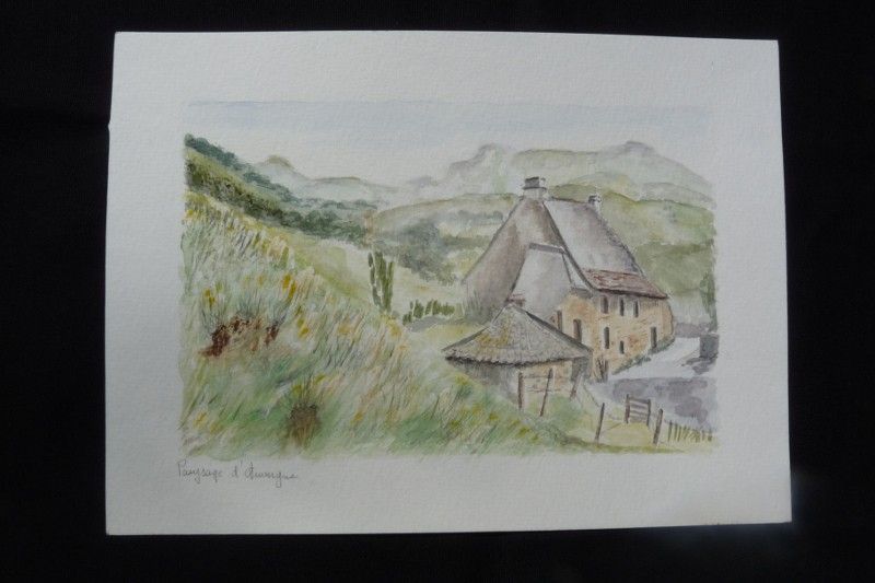 Aquarelle originale de Vaubourg : Paysage d'Auvergne