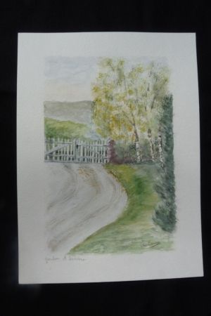 Aquarelle originale de Vaubourg : Jardin et barrière