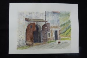 Aquarelle originale de Vaubourg : grange et poule