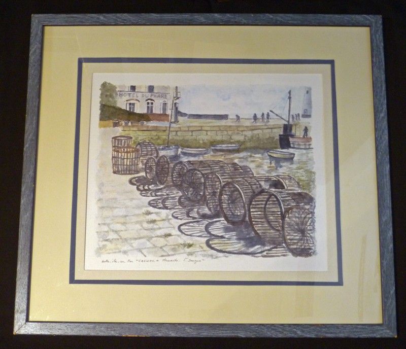 Aquarelle originale de Vaubourg : Casiers à homards au port de Sauzon, Belle-île-en-mer (encadrée)