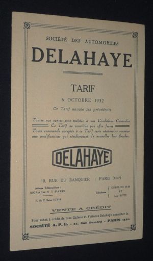 Société des automobiles Delahaye : Tarif 6 octobre 1932