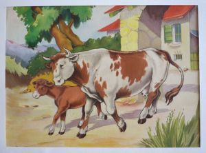 Dessin original de Dupuich pour l'album "A la ferme" : Vache et veau