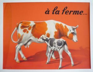 Dessin original de Dupuich pour l'album "A la ferme" : Vache et veau