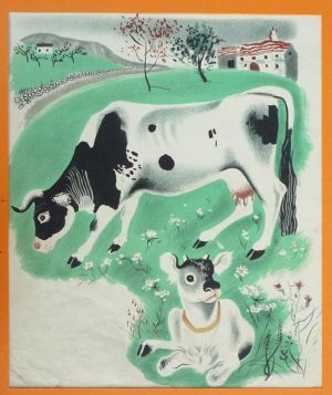 Illustration de Hélène Guertik : Vache et son veau (La Ferme du Père Castor)