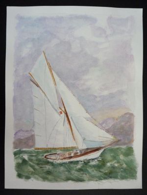 Aquarelle originale de Vaubourg : Voilier en mer