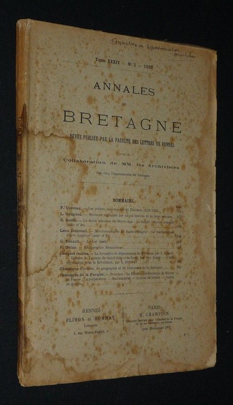 Annales de Bretagne, Tome XXXIV, n°3 - 1920