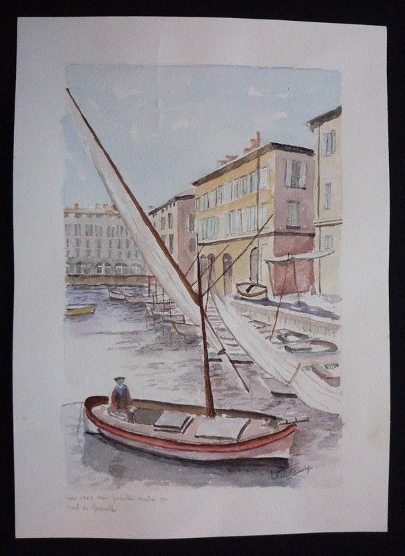 Aquarelle originale de Vaubourg : Un pointu rentre au port de Marseille (vers 1900)