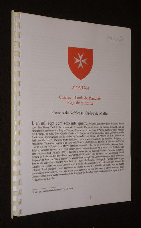 Charles-Louis de Rancher. Reçu de Minorité. Preuves de noblesse, Ordre de Malte