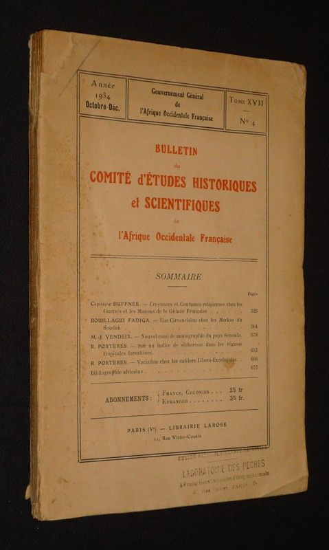 Bulletin du Comité d'études historiques et scientifiques de l'Afrique Occidentale Française, Tome XVII, n°4 - Année 1934, octobre-décembre