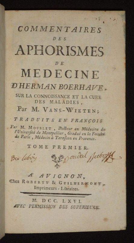 Commentaires des aphorismes de médecine d'Herman Boerhave, sur la connoissance et la cure des maladies (2 volumes)