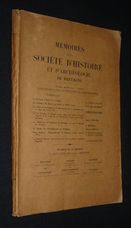 Mémoires de la Société d'Histoire et d'Archéologie de Bretagne, Tome XXVII - 1947