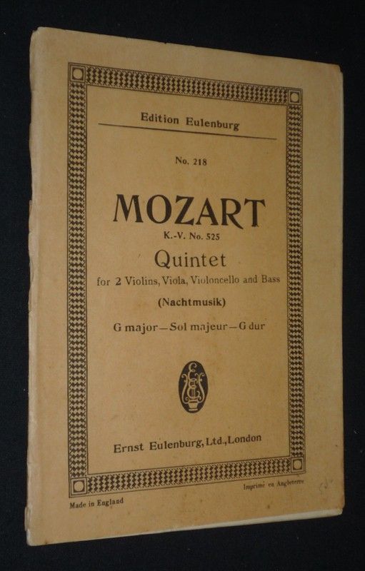 Eine kleine Nachtmusik (Serenade) G major for 2 Violins, Viola, Violoncello and Bass, by Wolfgang Amadeus Mozart, KV No. 525