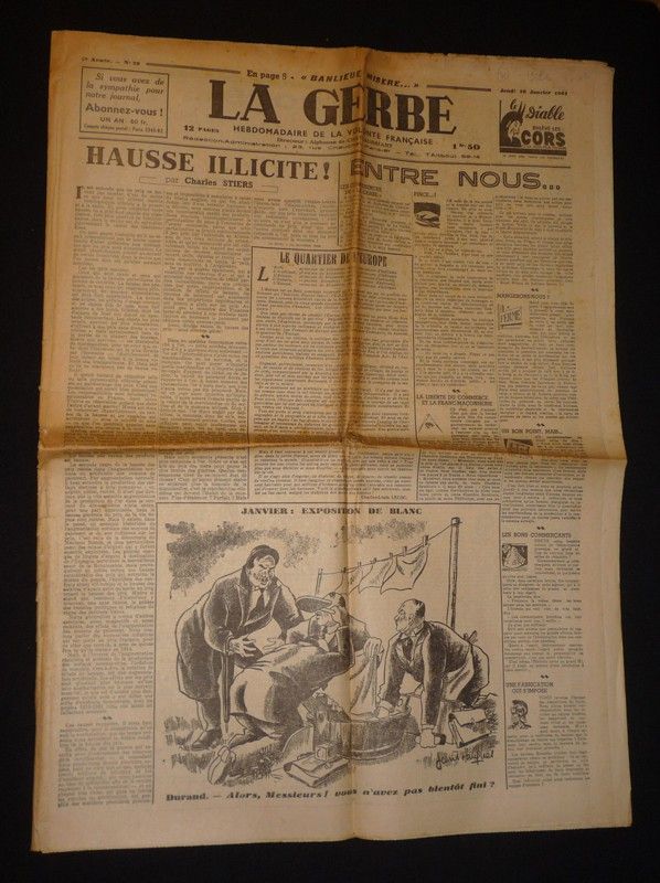 La Gerbe, hebdomadaire de la volonté française (2e année - n°28, 16 janvier 1941) : Hausse illicite ! par Charles Stiers