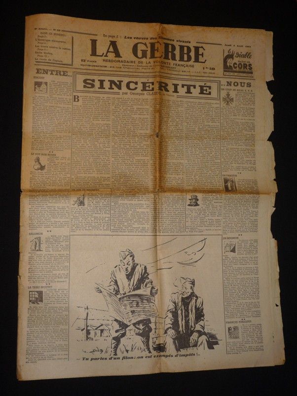 La Gerbe, hebdomadaire de la volonté française (2e année - n°39, 3 avril 1941) : Sincérité, par Georges Claude
