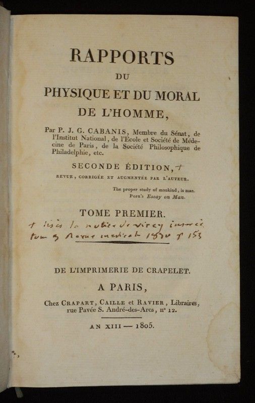 Rapports du physique et de l'homme (2 volumes)