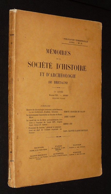 Mémoires de la Société d'histoire et d'archéologie de Bretagne (Tome XI - 1930, première partie)