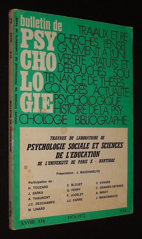 Bulletin de psychologie (n°316, tome XXVIII, 1974-1975, 9-12)