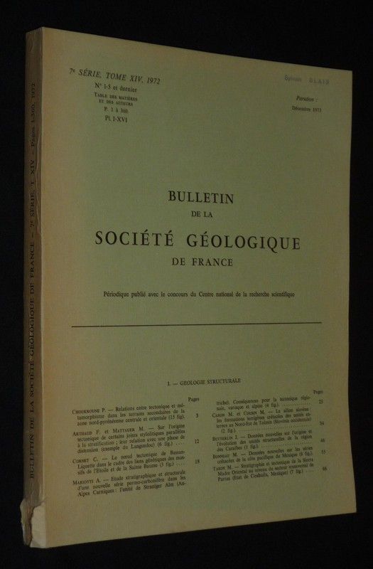 Bulletin de la Société géologique de France (7e Série, Tome 14, n°1 à 5 et dernier, 1972) : Géologie structurale