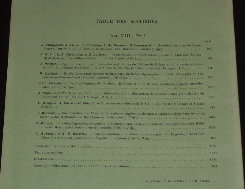 Bulletin de la Société géologique de France (7e Série, Tome 8, n°7 et dernier, 1966) : Géologie générale - Tables