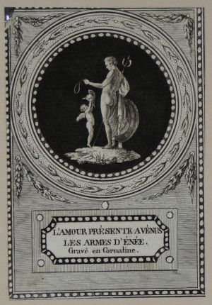 Gravure tirée de "Monumens du culte secret des dames romaines" (1790) : L'Amour présente à Vénus les armes d'Enée