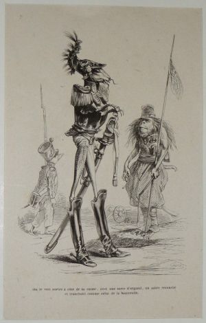 Gravure d'après J.-J. Grandville tirée du "Recueil comique de belles caricatures sur Chine" (1850) : Sauterelle en uniforme militaire