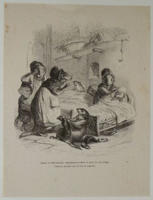 Gravure d'après J.-J. Grandville tirée du "Recueil comique de belles caricatures sur Chine" (1850) : Marmottes malades