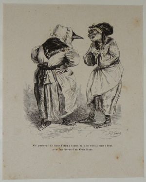 Gravure d'après J.-J. Grandville tirée du "Recueil comique de belles caricatures sur Chine" (1850) : Conversation entre un oiseau et un chat