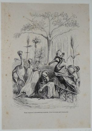 Gravure d'après J.-J. Grandville tirée du "Recueil comique de belles caricatures sur Chine" (1850) : La bénédiction nuptiale d'un révérend père Cormoran