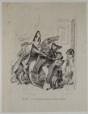 Gravure d'après J.-J. Grandville tirée du "Recueil comique de belles caricatures sur Chine" (1850) : La députation des Notables Animaux du Jardin