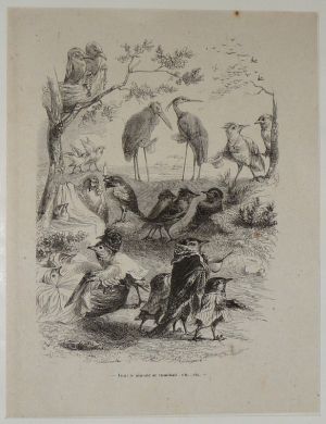 Gravure d'après J.-J. Grandville tirée du "Recueil comique de belles caricatures sur Chine" (1850) : Tout le monde se couchait, etc.