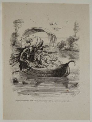 Gravure d'après J.-J. Grandville tirée du "Recueil comique de belles caricatures sur Chine" (1850) : Couple d'insectes sur le lac