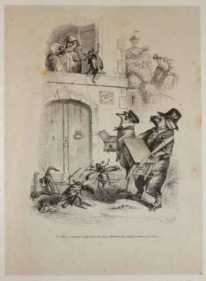 Gravure d'après J.-J. Grandville tirée du "Recueil comique de belles caricatures sur Chine" (1850) : Le combat de deux hannetons