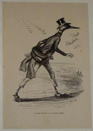 Gravure d'après J.-J. Grandville tirée du "Recueil comique de belles caricatures sur Chine" (1850) : L'oiseau coursier