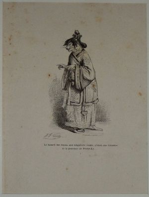 Gravure d'après J.-J. Grandville tirée du "Recueil comique de belles caricatures sur Chine" (1850) : Chinoise de Pechy-Ly