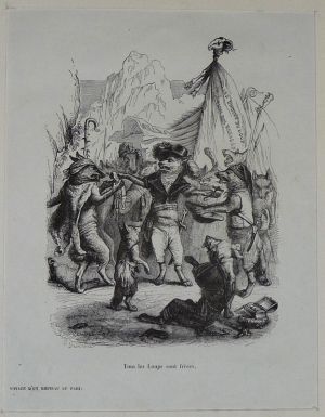 Gravure d'après J.-J. Grandville tirée de "Scènes de la vie privée et publique des animaux" (1853) : Voyage d'un moineau de Paris